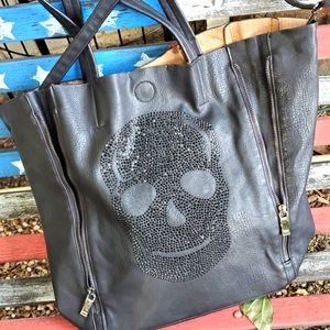 Vegan leather Black Rhinestone Halloween Skull crossbody tote purse VGUC 💀